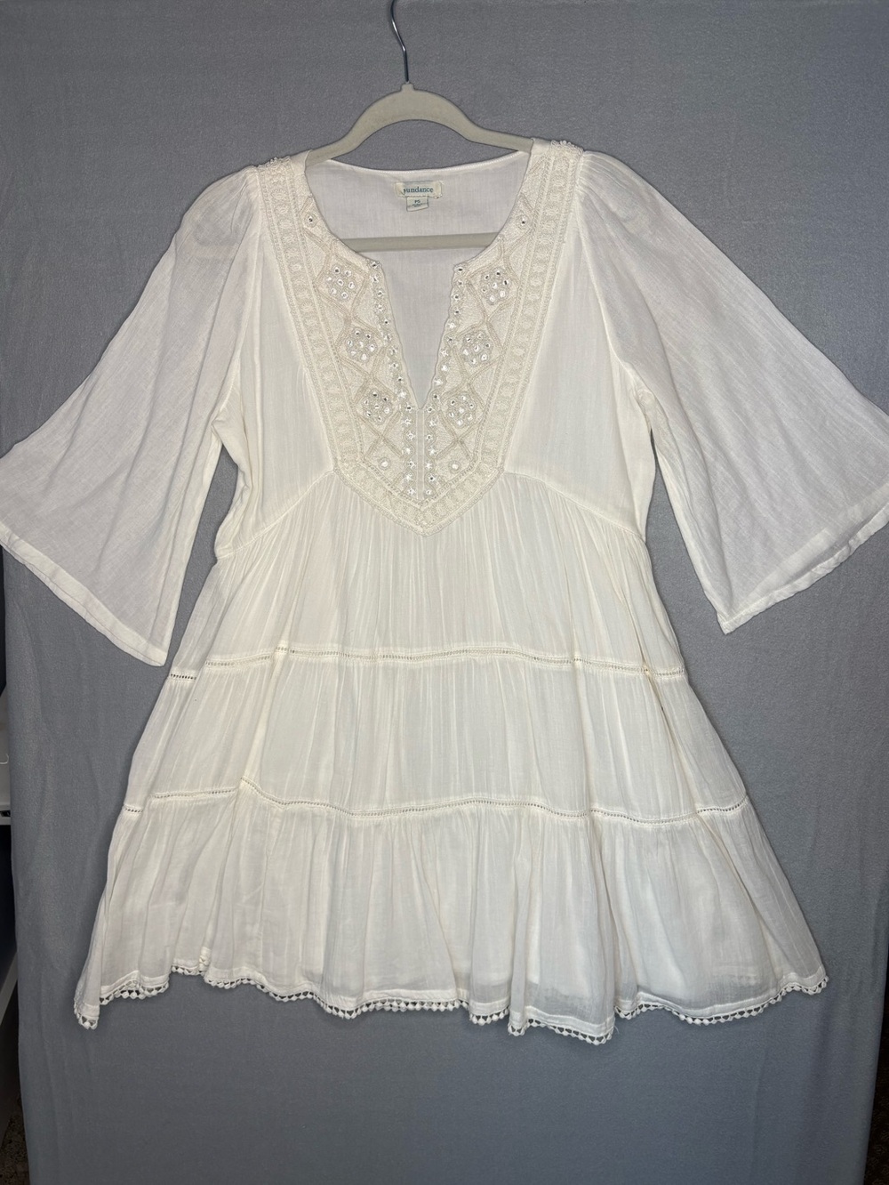 Sundance White Embroidered Boho Tunic Dress Bell Sleeve Embellished PS